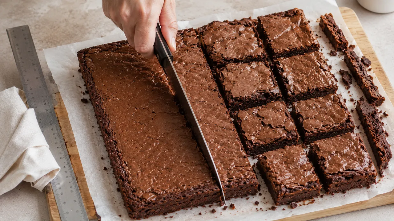 Mão cortando brownie em quadrados ao lado de uma régua e aparas sobre papel-manteiga