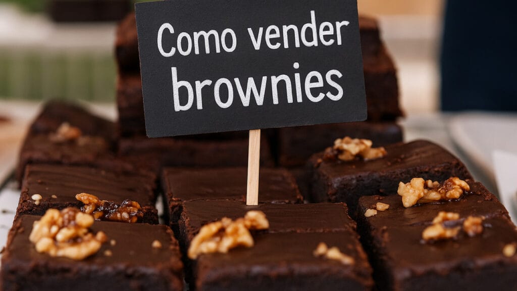 brownies com plaquinha “Como vender brownies” escrita em giz