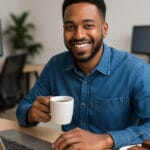 Homem trabalhando com café e brownies em mesa de escritório.