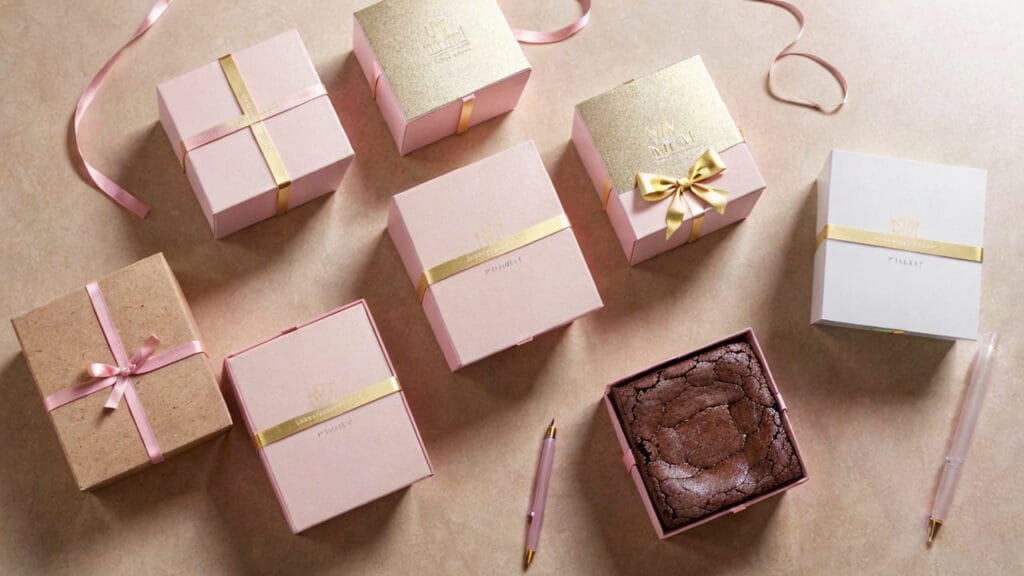 embalagens-para-brownies Caixas elegantes para brownie com laços e acabamento rosa.