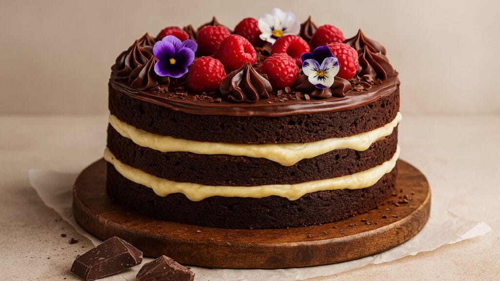 foto de naked brownie decorado com framboesas e flores comestíveis sobre base rústica
