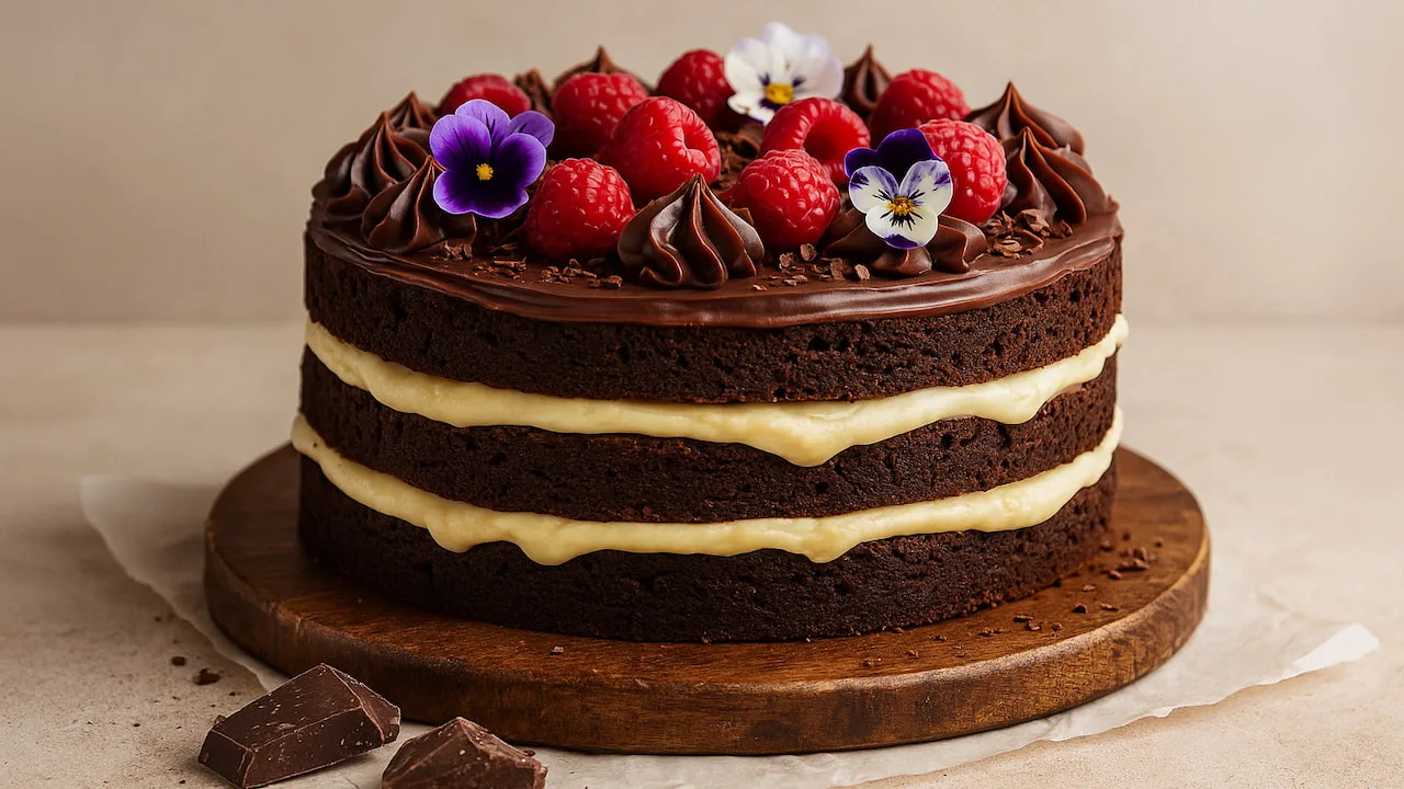 foto de naked brownie decorado com framboesas e flores comestíveis sobre base rústica