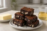 Brownies ao centro com manteiga de um lado e óleo vegetal do outro, comparando as gorduras usadas na receita