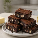 Brownies ao centro com manteiga de um lado e óleo vegetal do outro, comparando as gorduras usadas na receita