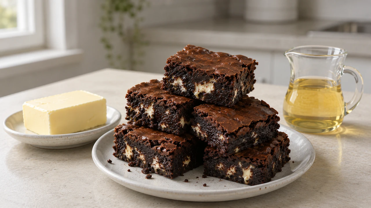 Brownies ao centro com manteiga de um lado e óleo vegetal do outro, comparando as gorduras usadas na receita
