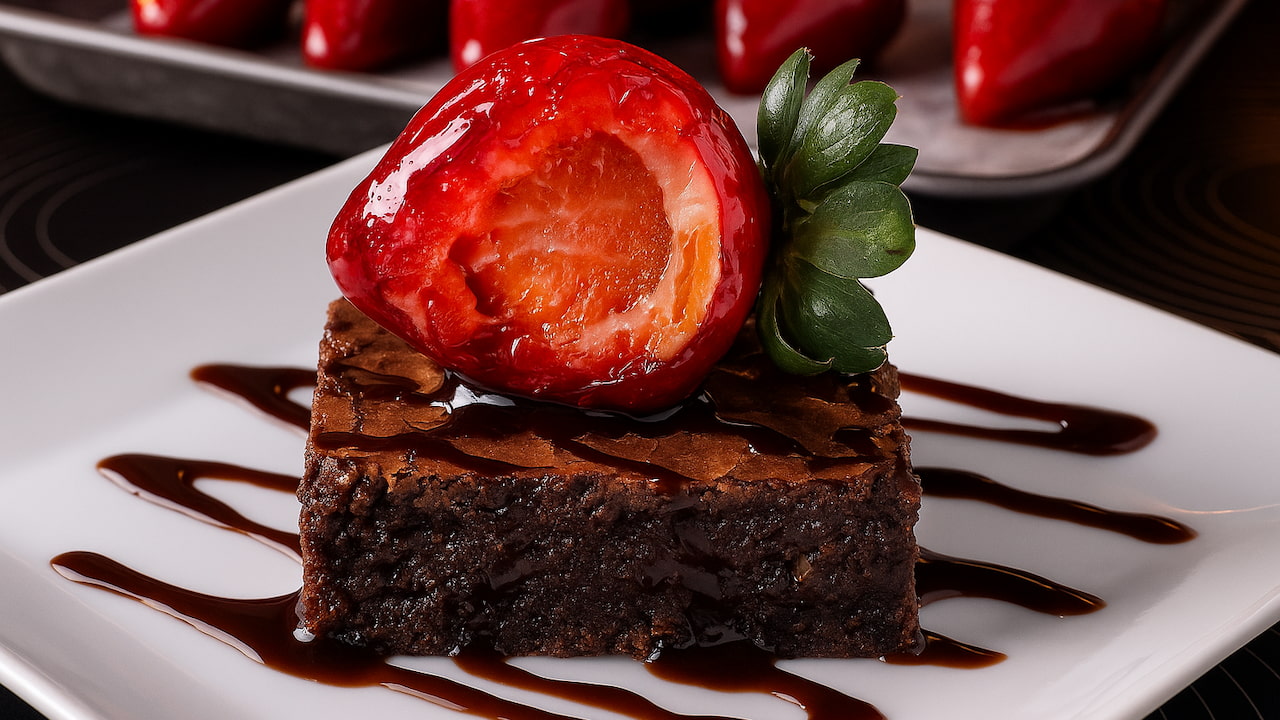 Para um visual irresistível, finalize o brownie com morango do amor e uma generosa calda de chocolate