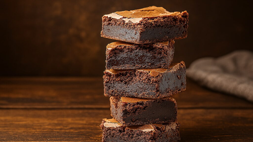 Pilha de cinco pedaços de brownie de chocolate com interior úmido e denso, crosta fina por cima e superfície seca, sobre fundo de madeira