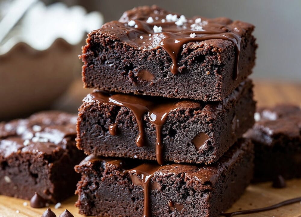 Close-up de brownies saudáveis de chocolate, com calda escorrendo e pedaços de chocolate ao redor.