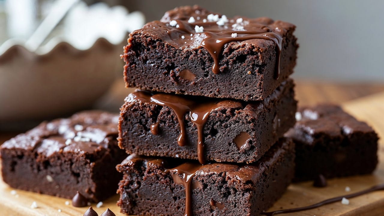 Close-up de brownies saudáveis de chocolate, com calda escorrendo e pedaços de chocolate ao redor.