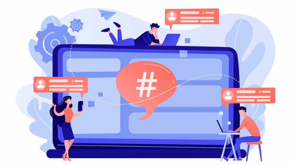 estrategia-hashtags Ilustração de interação e engajamento no Instagram para marketing de doces com hashtags.