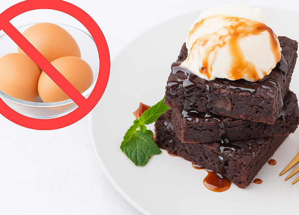 Dois pedaços de brownie vegano de chocolate escuro empilhados, cobertos com calda brilhante e bola de sorvete branco, decorados com hortelã, ao lado de garfo dourado, com símbolo de proibido sobre tigela de ovos, representando receita sem ovos