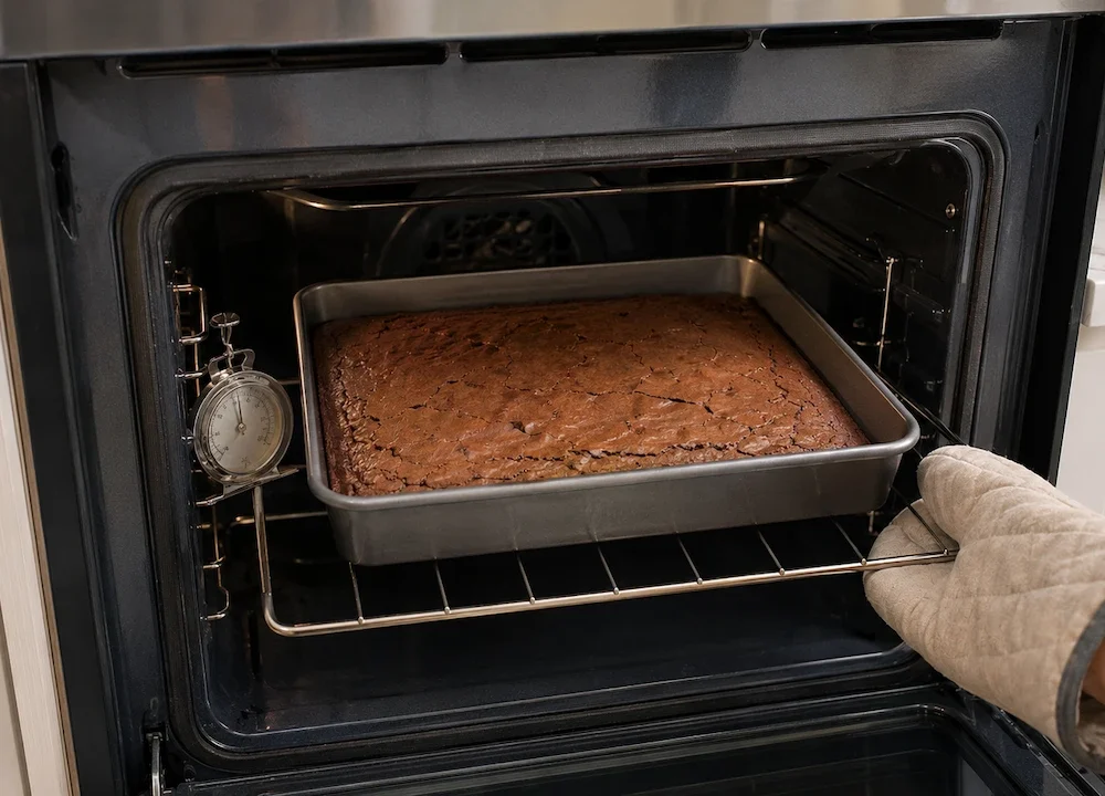 Brownie assando em forma retangular no centro do forno, com termômetro ao lado