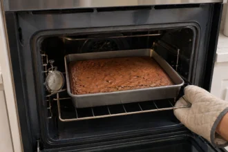 Brownie assando em forma retangular no centro do forno, com termômetro ao lado