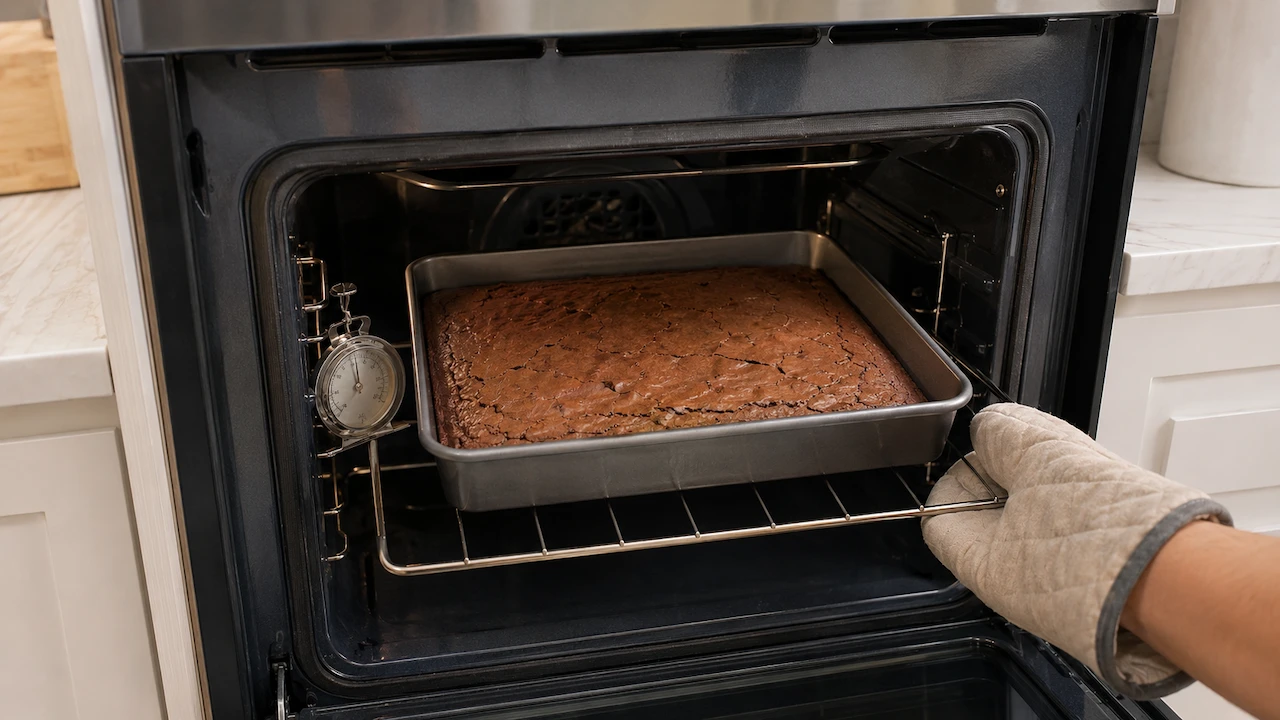 Brownie assando em forma retangular no centro do forno, com termômetro ao lado