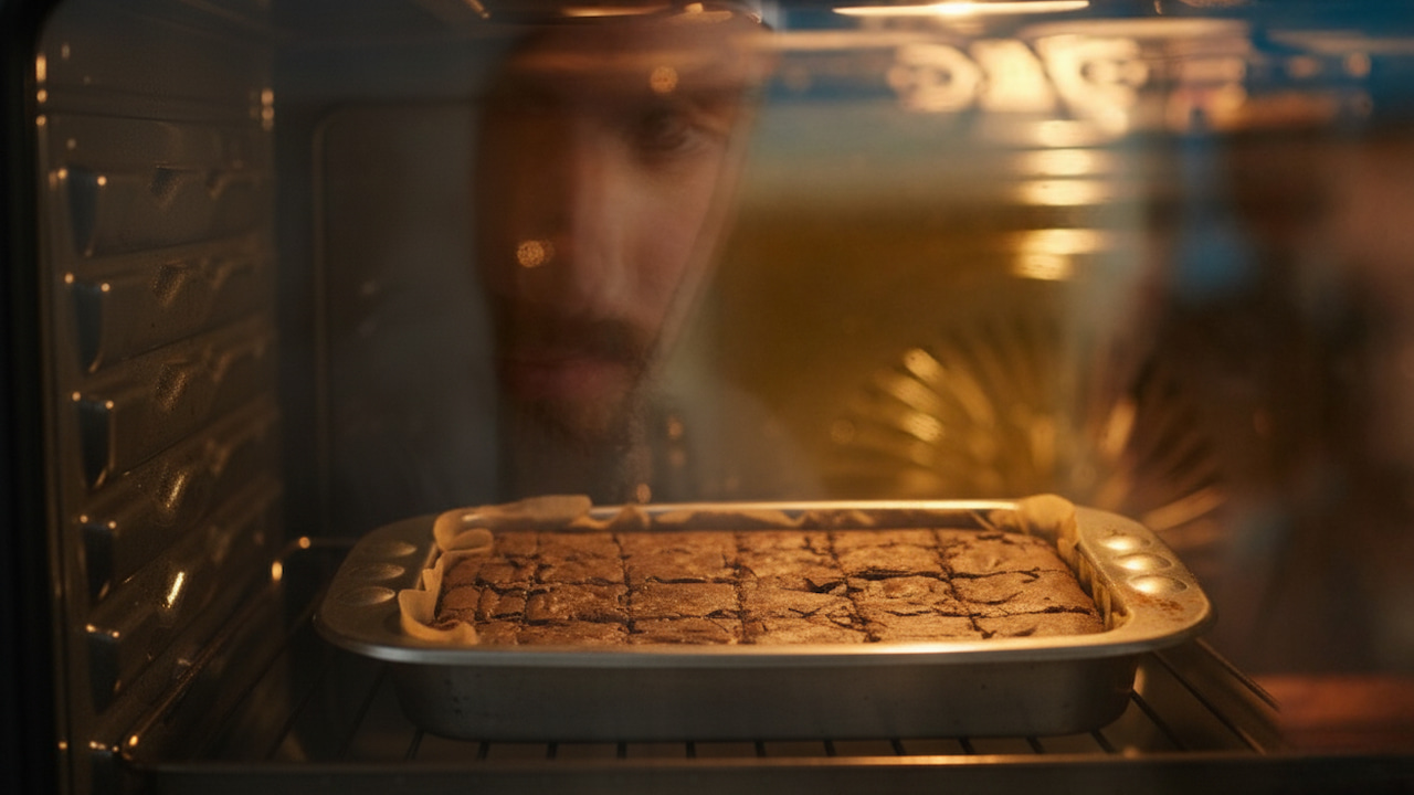 Brownie de chocolate assando em forno doméstico, cortado em quadrados, com crosta brilhante e rachada, observado por uma pessoa através do vidro