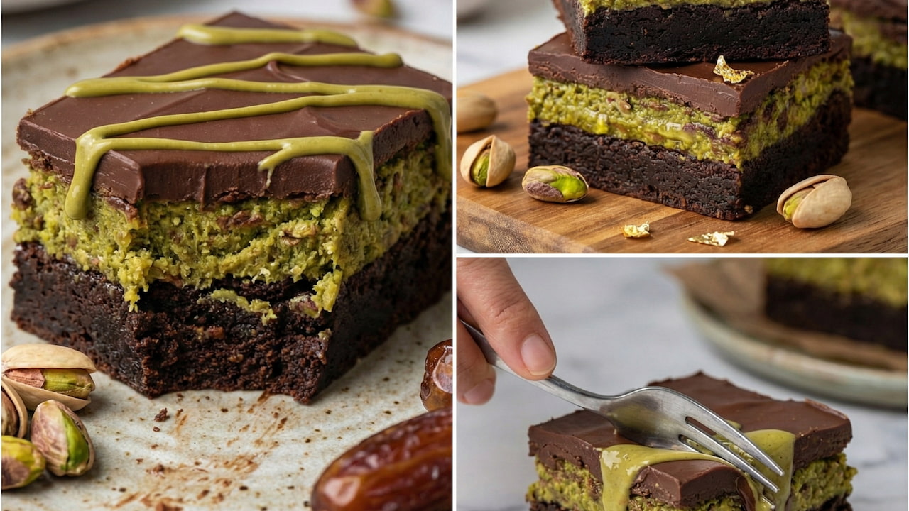 A combinação do pistache com o chocolate amargo traz um sabor luxuoso típico das sobremesas de Dubai.