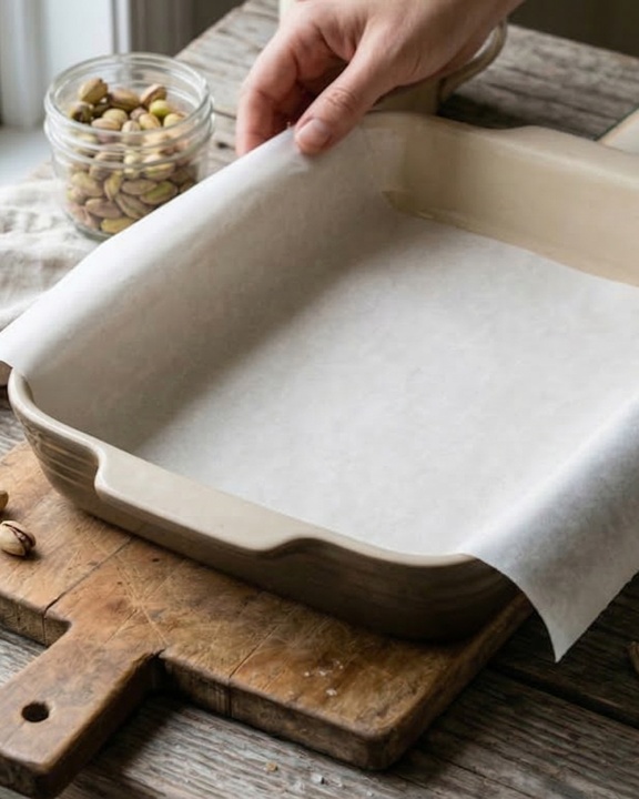 Mãos forrando forma retangular com papel manteiga sobre tábua de madeira, etapa inicial de forrar forma com papel manteiga.