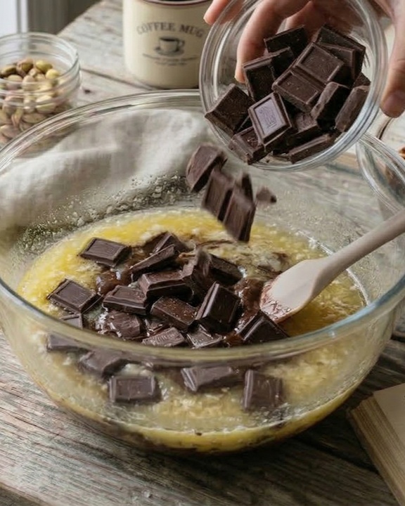 Pedaços de chocolate sendo adicionados à manteiga derretida em tigela de vidro, início do preparo de mistura para brownie.