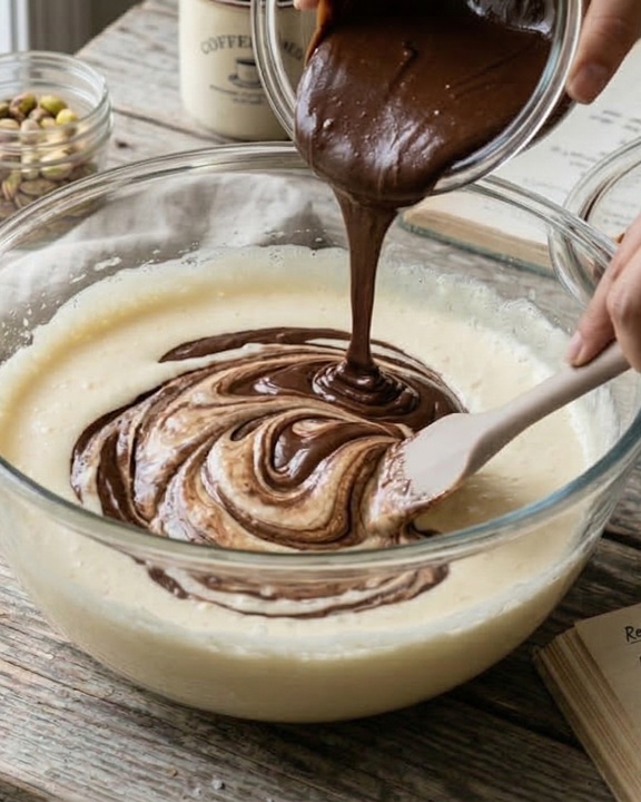 Chocolate derretido sendo despejado e misturado à massa clara em tigela, formando efeito marmorizado no preparo de brownie.