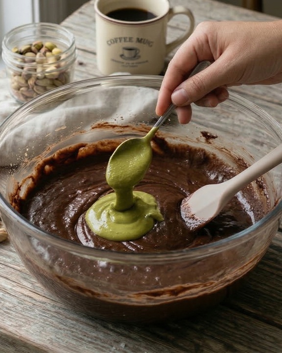 Creme de pistache sendo adicionado sobre massa de chocolate em tigela, etapa de saborização do brownie com contraste verde.