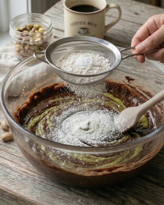 Farinha sendo peneirada sobre massa de chocolate com pistache em tigela, etapa de adicionar secos ao preparo de brownie.