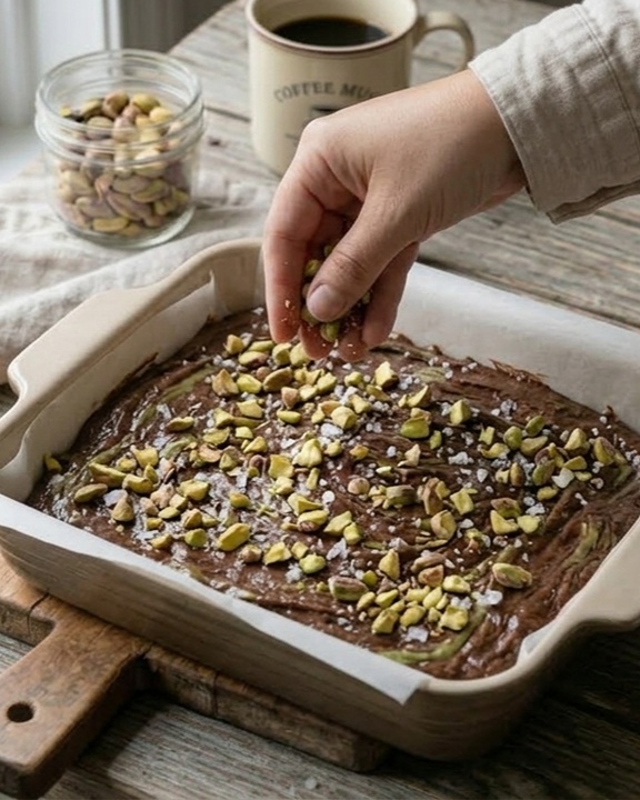 Massa de brownie em forma forrada sendo finalizada com pistache picado e sal grosso antes de assar no forno.