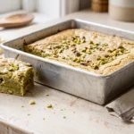 Blondie de pistache com chocolate branco em forma quadrada, com pedaço cortado mostrando massa clara, densa e úmida.