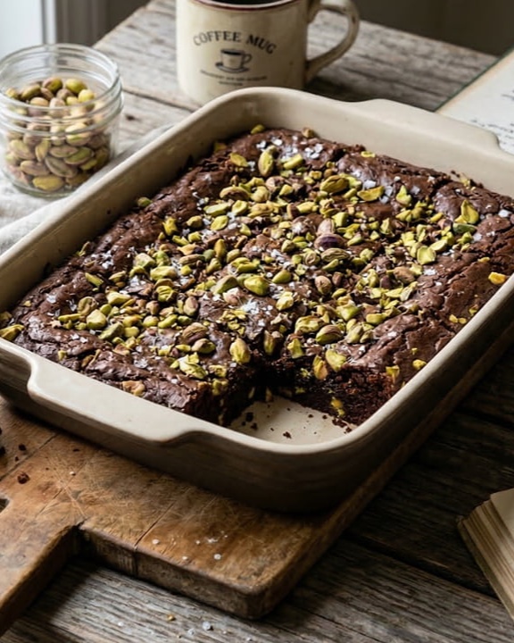 Brownie assado em forma com cobertura de pistache picado, textura úmida e crosta craquelada após sair do forno.