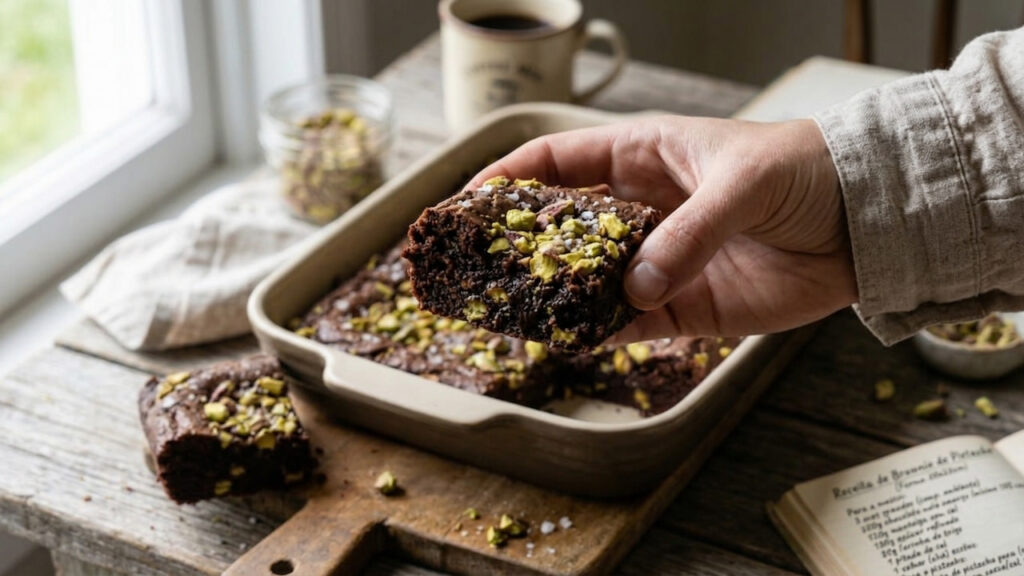 Mão segurando pedaço de brownie com pistache, mostrando interior úmido e textura densa após corte do brownie assado.