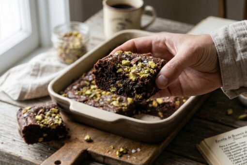 Mão segurando pedaço de brownie com pistache, mostrando interior úmido e textura densa após corte do brownie assado.