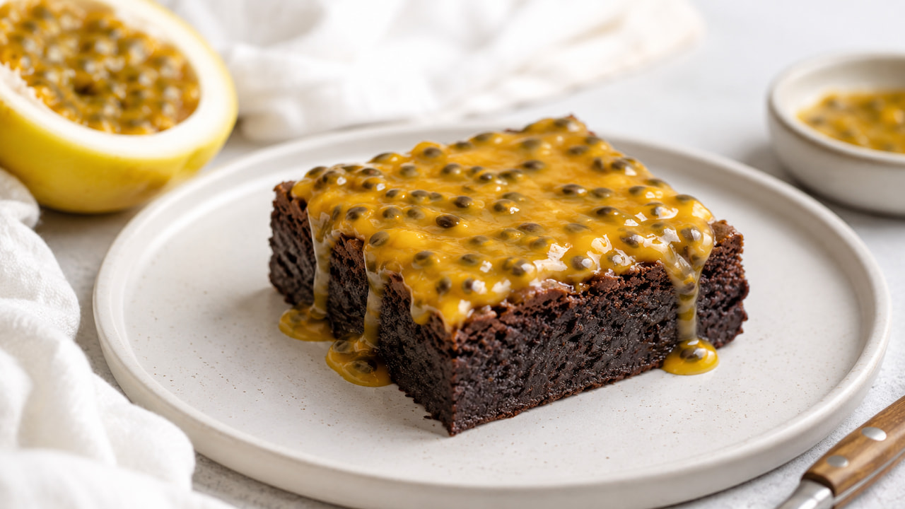 Brownie de maracujá fudgy em prato claro com cobertura amarela cremosa, sementes e fruta ao fundo.