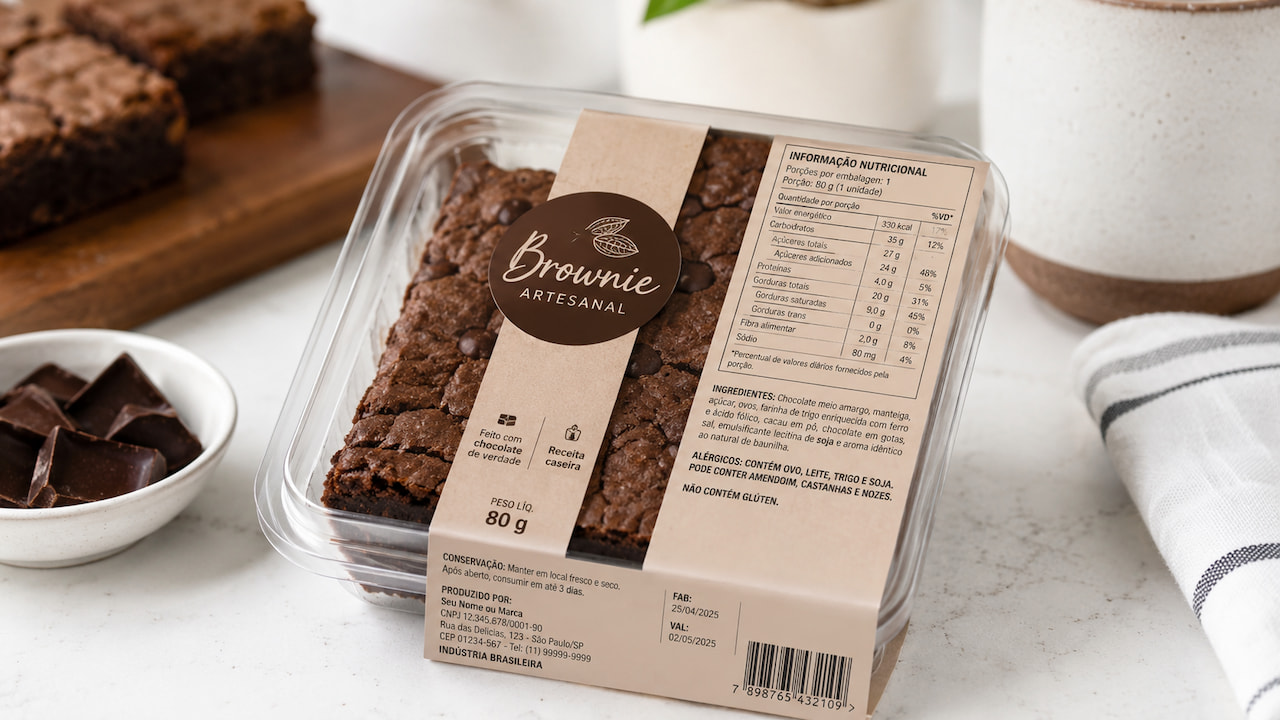 Brownie artesanal embalado com rótulo detalhado, tabela nutricional e alergênicos sobre bancada clara.
