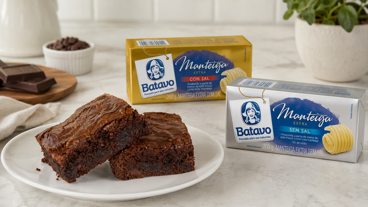 Brownies no prato com manteiga com sal ou sem sal no brownie em embalagens Batavo sobre bancada clara