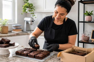 Confeiteira caseira organiza brownies em cozinha limpa, referência a alvará sanitário para confeitaria MEI