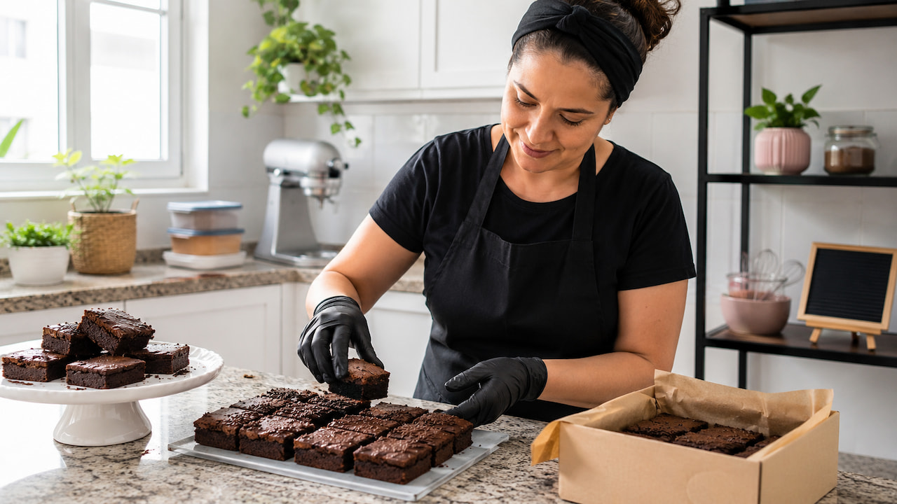 Confeiteira caseira organiza brownies em cozinha limpa, referência a alvará sanitário para confeitaria MEI