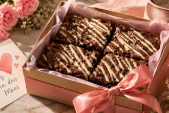 Caixa de brownie para presente de Dia das Mães com laço rosa, cartão carinhoso, flores e caneca ao fundo