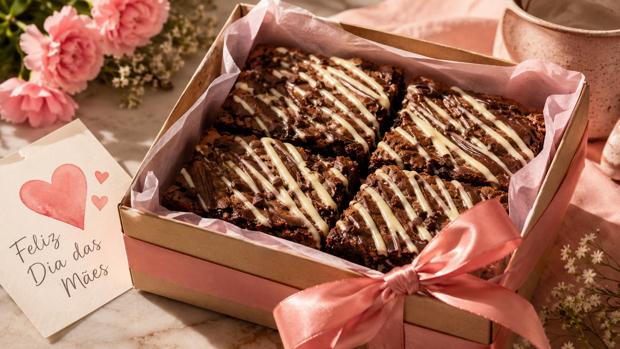 Caixa de brownie para presente de Dia das Mães com laço rosa, cartão carinhoso, flores e caneca ao fundo