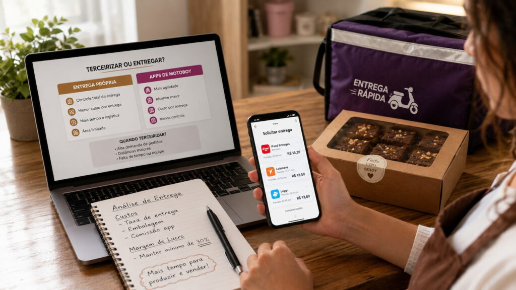Confeiteira analisa apps de motoboy no celular ao lado de brownies embalados e materiais de entrega terceirizada