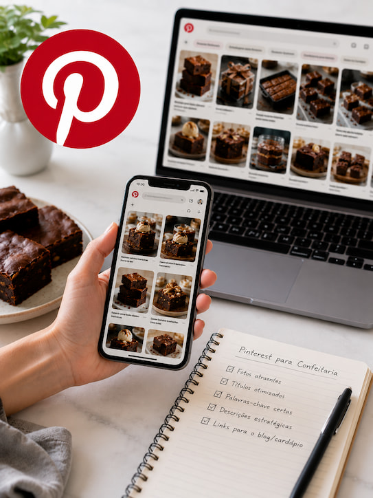 Planejamento visual no Pinterest ajuda confeiteiras a criar conteúdos estratégicos e atrair clientes por mais tempo.