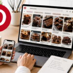 Confeiteira usando Pinterest no notebook para pesquisar ideias de brownies e estratégias de confeitaria digital.