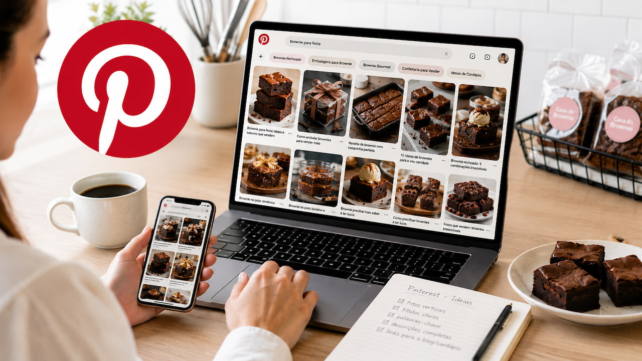 Confeiteira usando Pinterest no notebook para pesquisar ideias de brownies e estratégias de confeitaria digital.