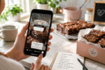 Mão editando Instagram Stories para confeiteiras no celular, ao lado de brownies artesanais em caixa rosa.