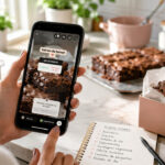 Mão editando Instagram Stories para confeiteiras no celular, ao lado de brownies artesanais em caixa rosa.