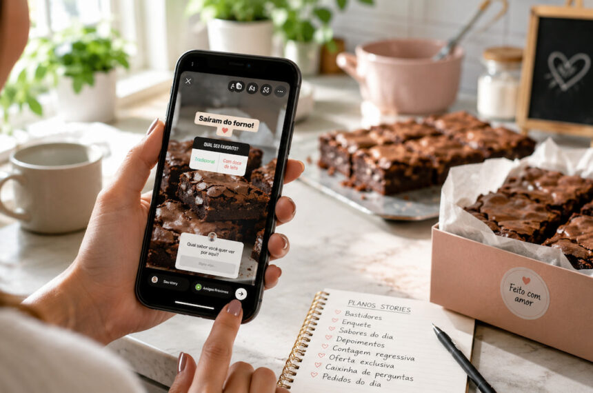 Mão editando Instagram Stories para confeiteiras no celular, ao lado de brownies artesanais em caixa rosa.