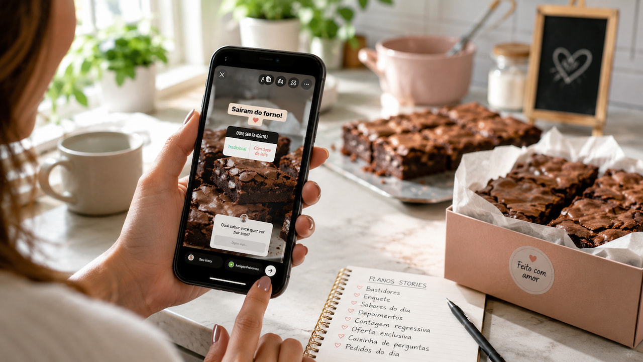 Mão editando Instagram Stories para confeiteiras no celular, ao lado de brownies artesanais em caixa rosa.
