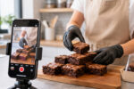 Confeiteira gravando brownies artesanais para TikTok em cozinha moderna iluminada com luz natural e celular em tripé.
