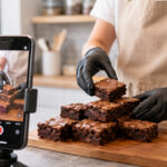 Confeiteira gravando brownies artesanais para TikTok em cozinha moderna iluminada com luz natural e celular em tripé.