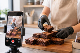 Confeiteira gravando brownies artesanais para TikTok em cozinha moderna iluminada com luz natural e celular em tripé.