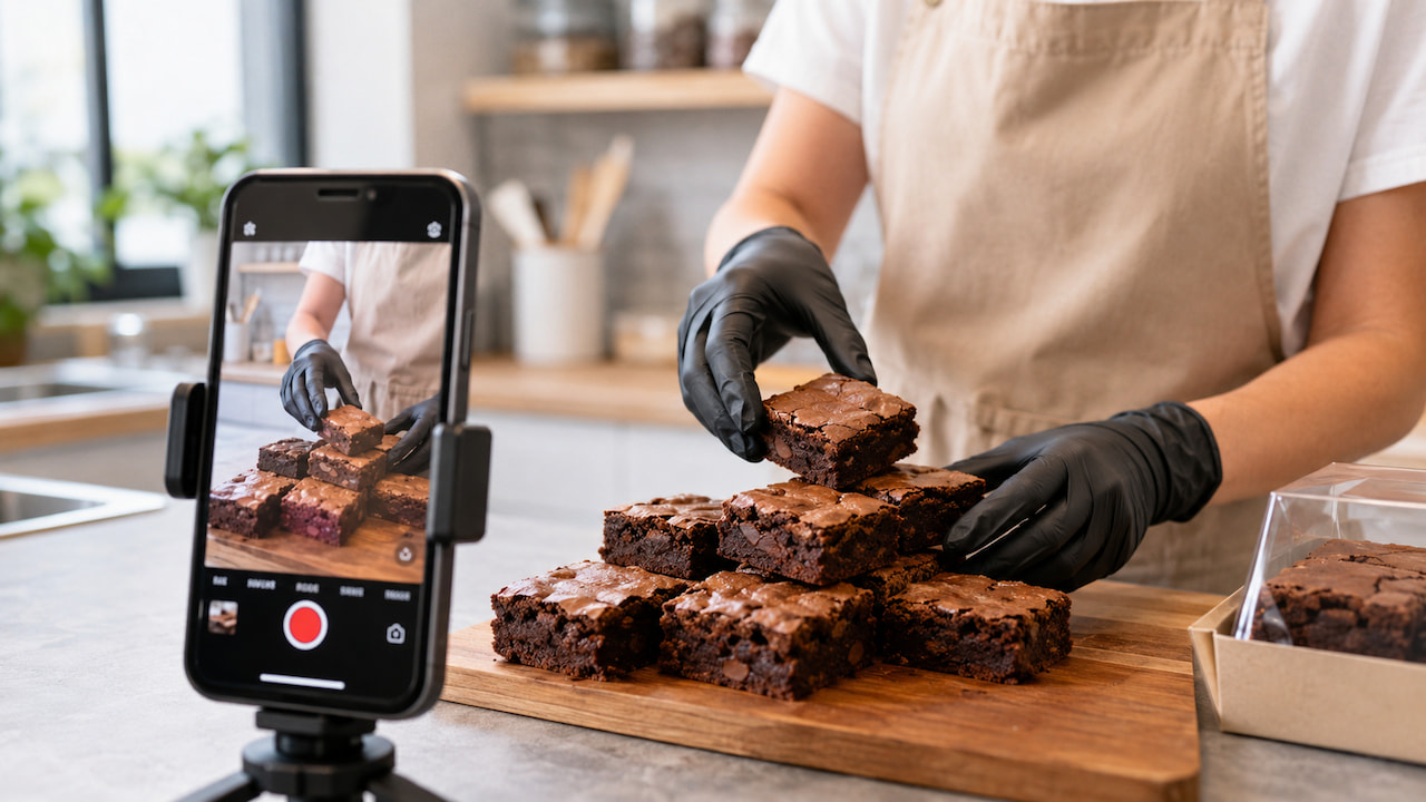 Confeiteira gravando brownies artesanais para TikTok em cozinha moderna iluminada com luz natural e celular em tripé.