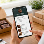 Confeiteira usando WhatsApp Business para vender brownies, com catálogo no celular e caixas de entrega na mesa